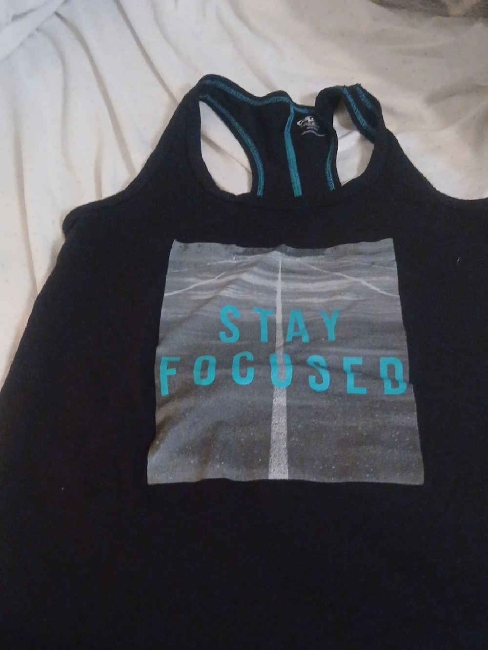 Stay Focused Black Racerback Tank Top - Teal Accent